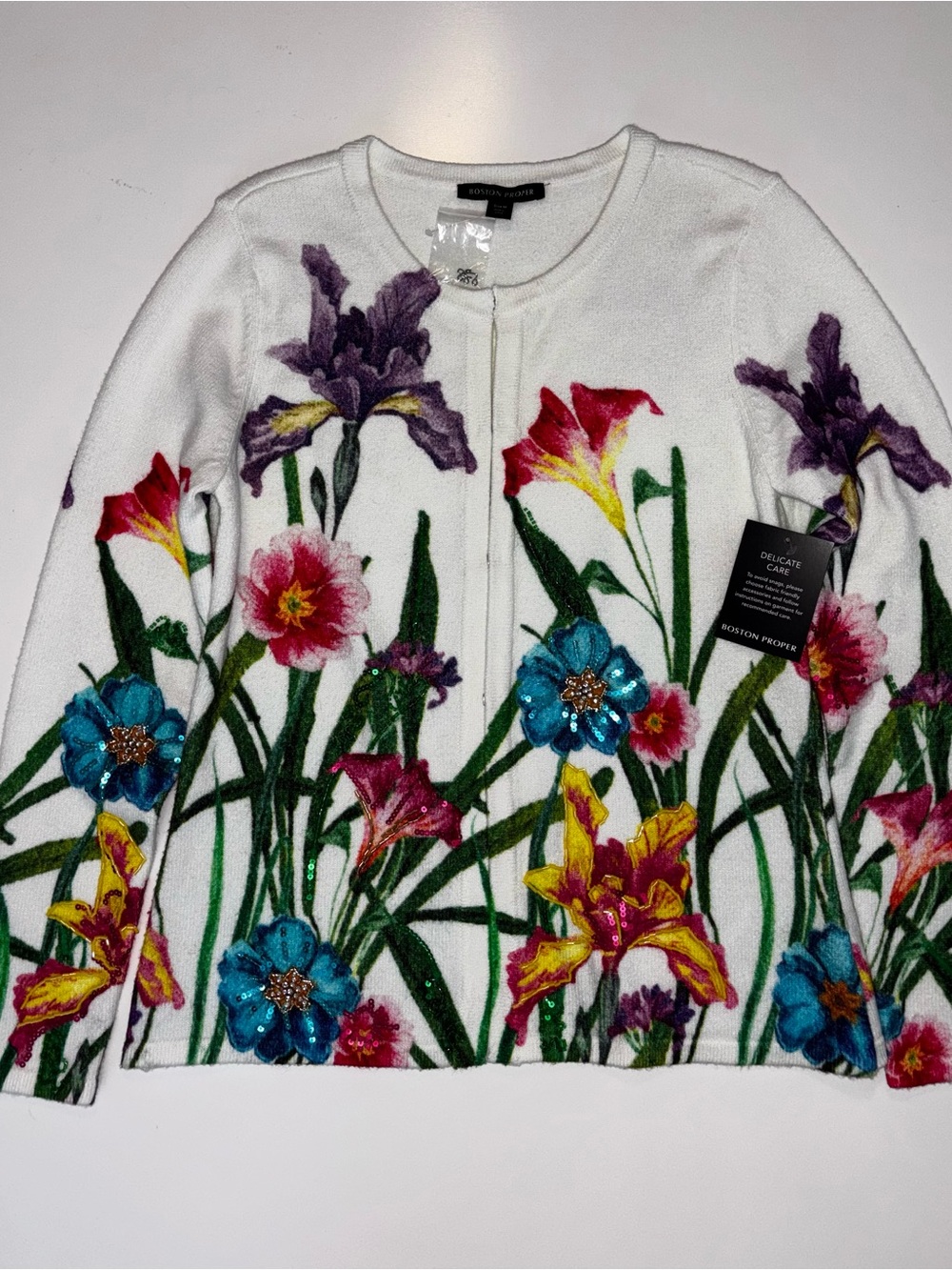 Boston Proper White Floral Embellished Cardigan